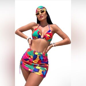 Women's 4 Piece Swimsuit Halter Bikini Set w/ Bandana Mesh Cover Up Beach Skirt